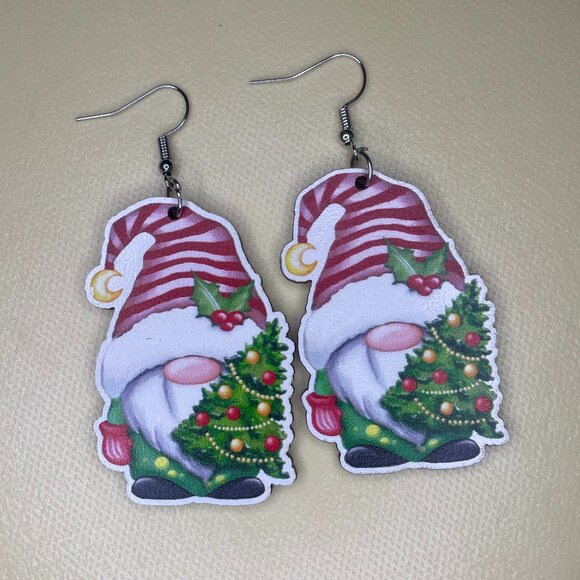 Christmas Tree Gnome Dangle Earrings (Holiday Stripes) - Picture 2 of 3